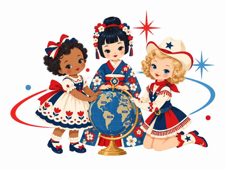 UFDC dolls gathered around a globe
